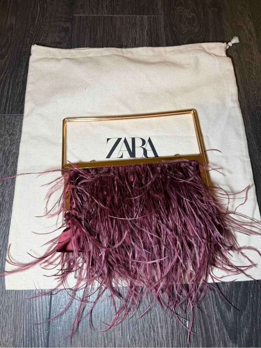 Zara Feather Fringe Evening Clutch in Plum with Gold Frame